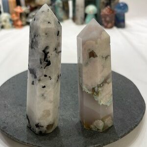 Rainbow Moonstone and Flower Agate Crystal Obelisk Towers Healing Energy Hippie